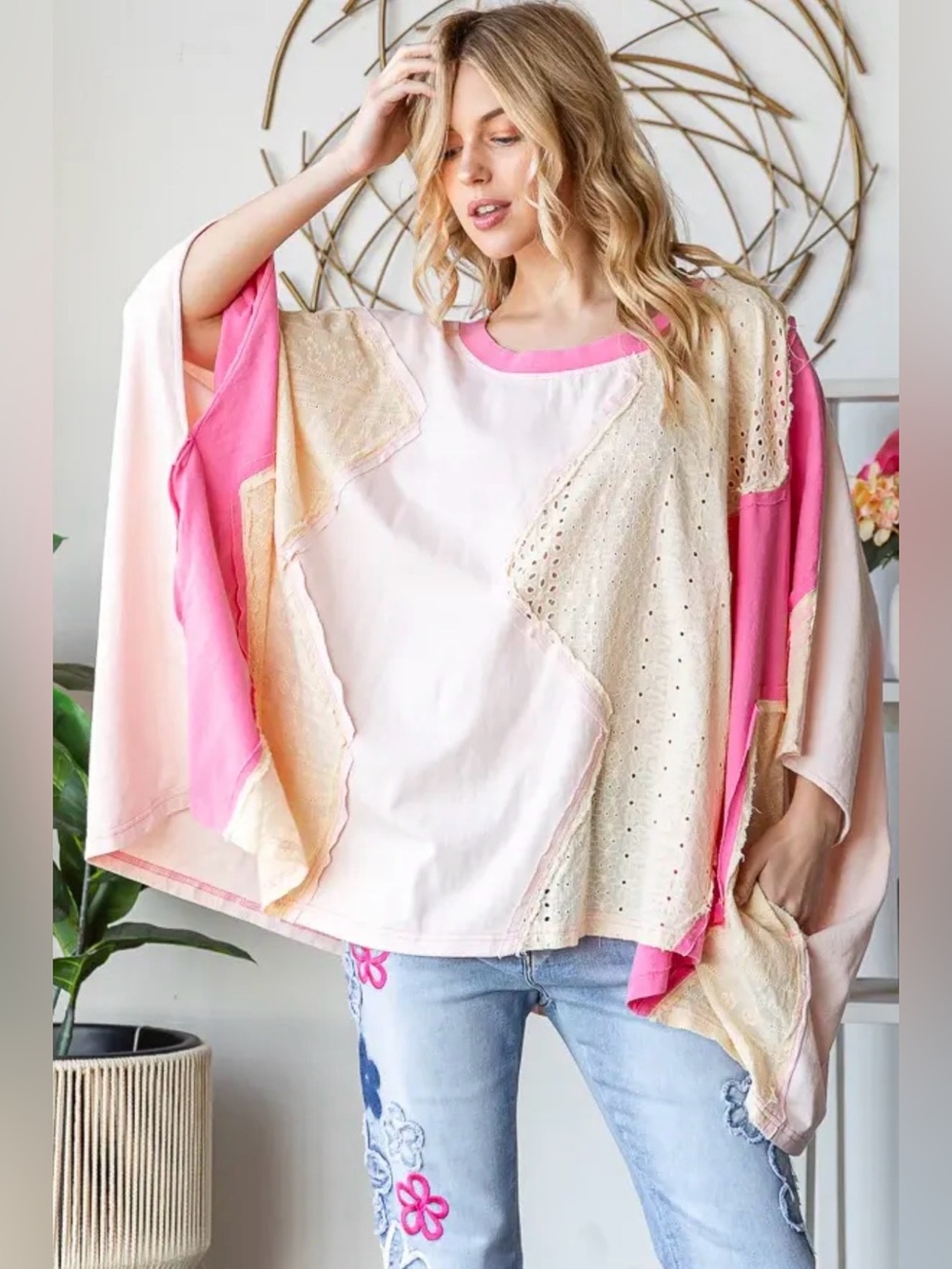 Patchwork Oli & Hali Zigzag Eyelet-Trim Relaxed Women’s Top in Pink & Cream